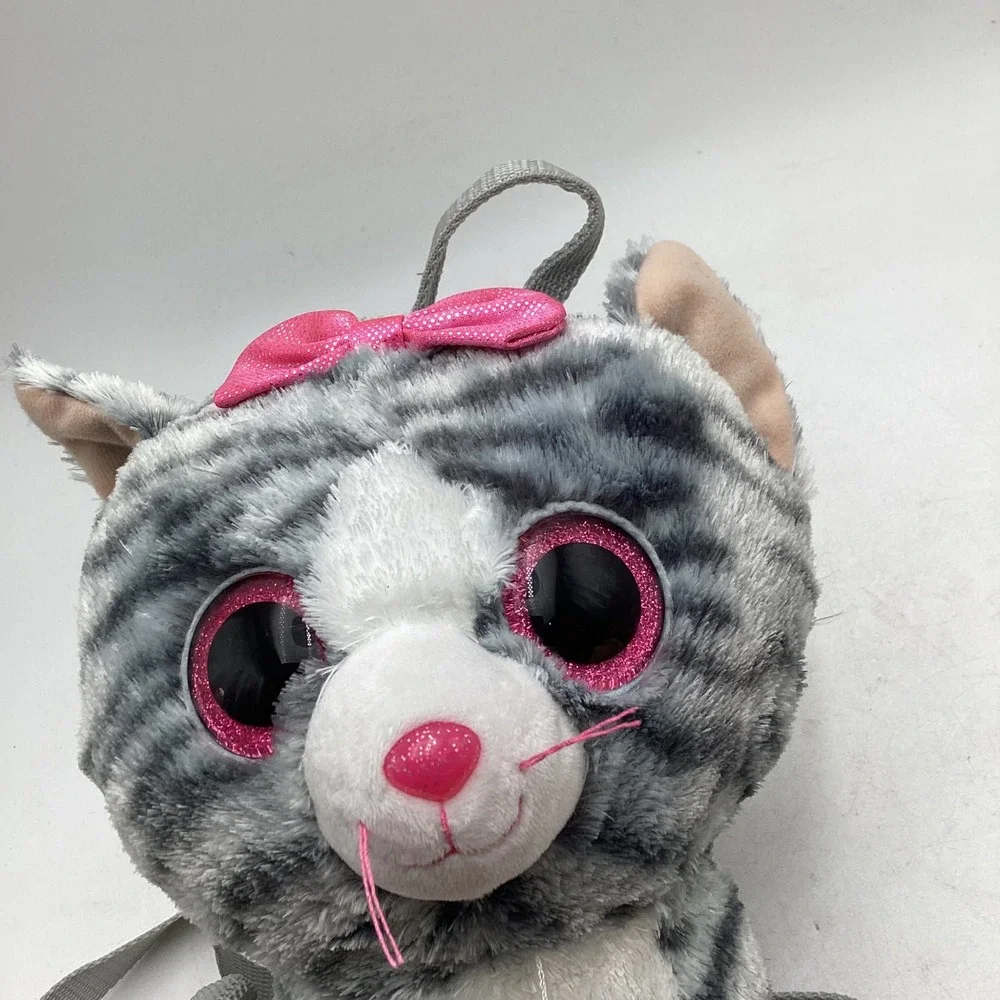 Ty Beanie Boos Kiki Grey Cat Plush Backpack Pink Glitter Eyes Striped 95003